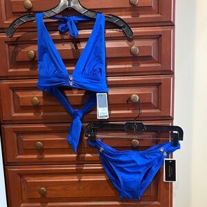 NWT Juicy Couture Royal Blue Halter Style Bikini Set w/ gold heart accents
